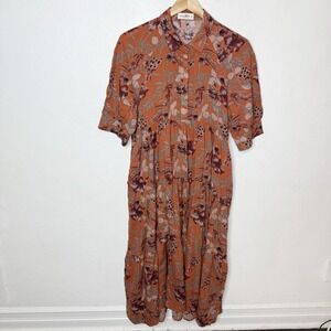 Natural Life Rebecca Midi Dress Orange Floral Pockets Women's Medium Boho